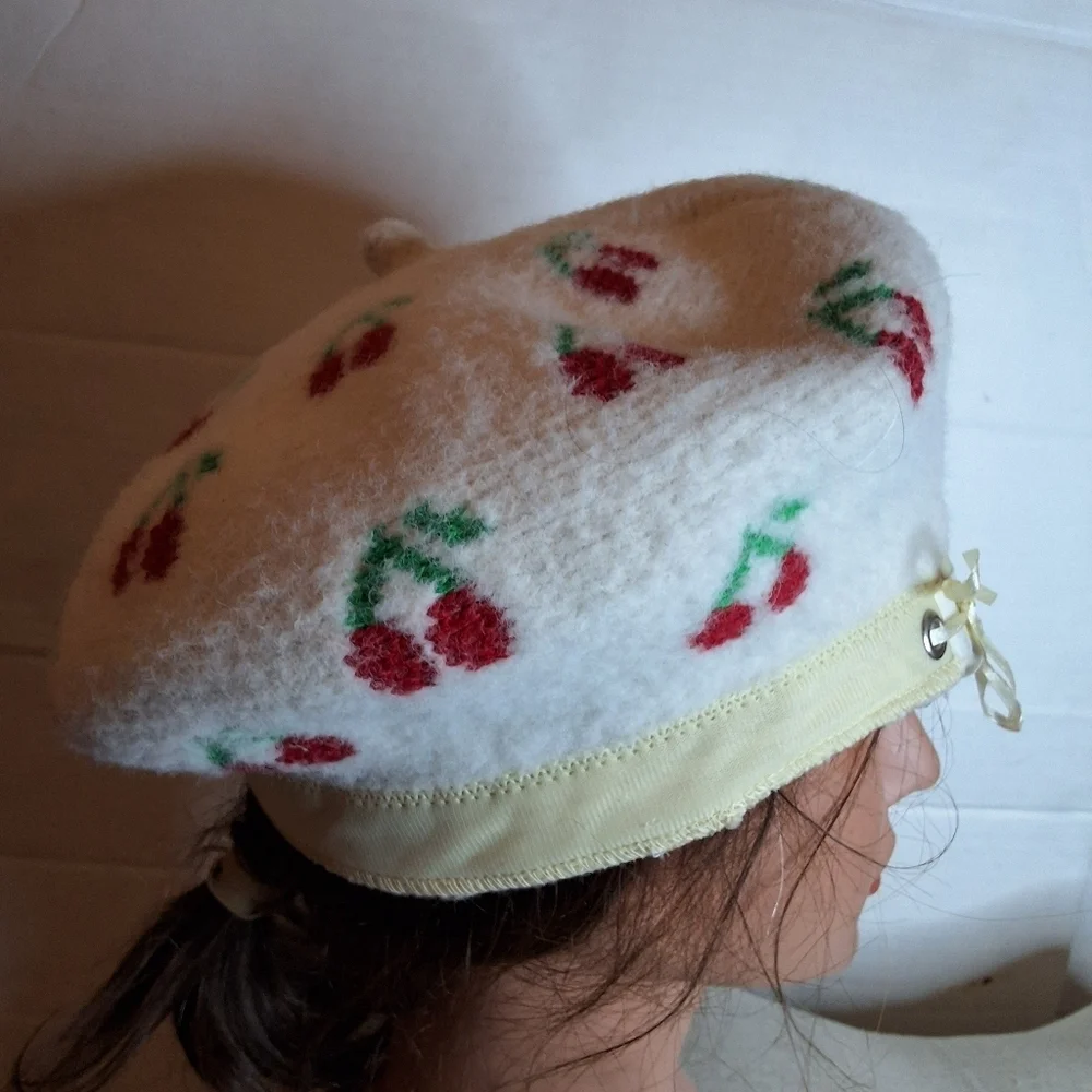 Maeve Anthropologie Cream Cherry Print Wool Blend Beret